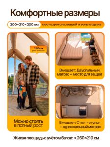 Палатка надувная туристическая для отдыха и кемпинга домик большой 300*210*190 см, до 4-6 местная, лёгкая, быстрая установка, водонепроницаемая — изображение 2