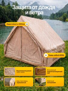 Палатка надувная туристическая для отдыха и кемпинга домик большой 300*210*190 см, до 4-6 местная, лёгкая, быстрая установка, водонепроницаемая — изображение 7